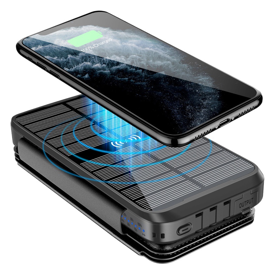 Transfronterizo modelo privado multifuncional banco de energía solar 20000mAh auto-cable impermeable al aire libre inalámbrico banco de energía