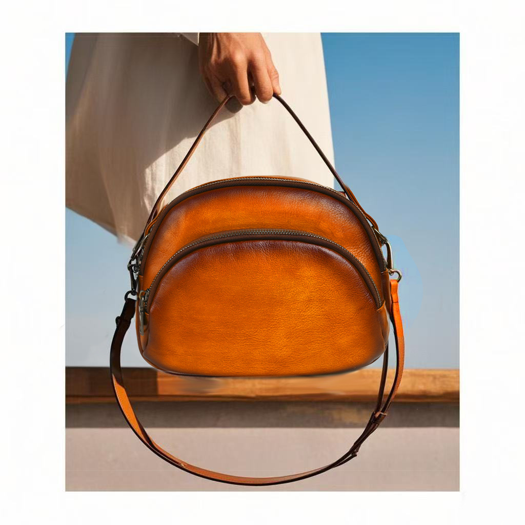 Túi đeo chéo nữ da bò cao cấp phong cách retro Maillard, kích thước 23×18×9.5 cm — Vàng cổ điển