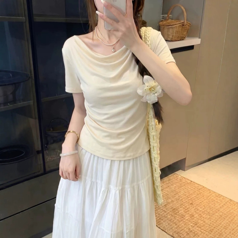 Tx6041-Lyocell Tencel Irregular Swing Collar Short Sleeve Women's 2026 Summer Slimming Waist Design T-Shirt Top Tx6041-Lyocell Tencel Irregular Swing Collar Short Sleeve Women's 2026 Summer Slimming Waist Design T-Shirt Top