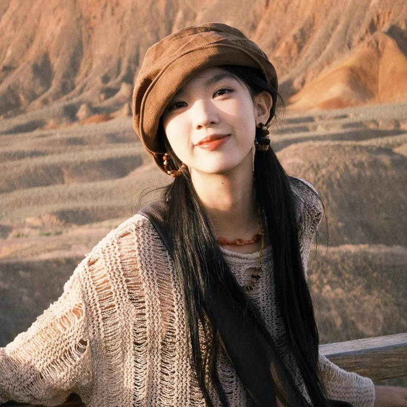 日系亚麻黑色薄款褶皱云朵贝雷帽女夏季透气显脸小大头围画家帽子|undefined