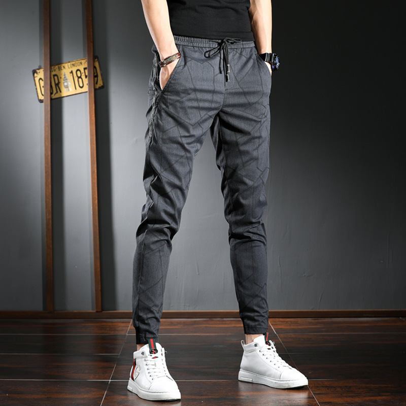 Elastic waist casual pants men's slim fit skinny British dark plaid men's pants gray tight ankle-tied pants fashion brand trousers