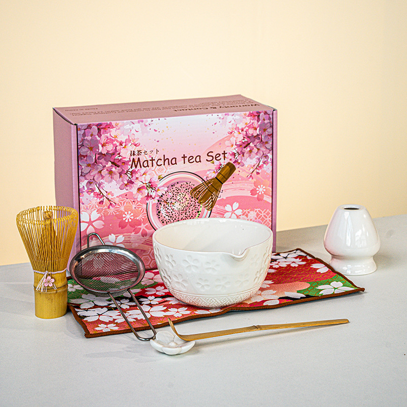 日本製抹茶茶器セット 桜ボウル 注ぎ口付き 8点セット フルセット カラーボックス ピンク付き|undefined