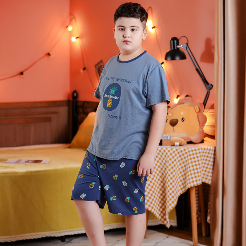 太った子供服の男の子の大きいサイズの夏服の薄いタイプのエアコンの服は肥えて家の服の青少年のパジャマの2セットのファッションを増加します。|undefined