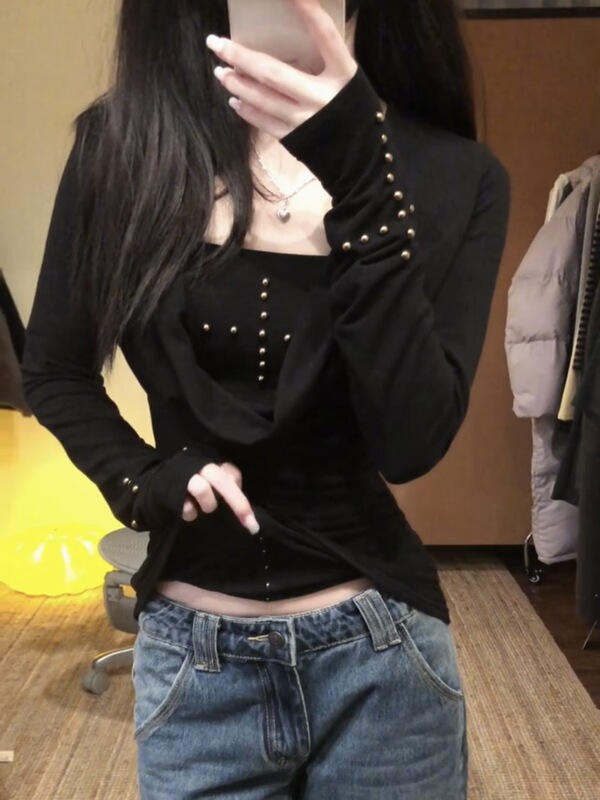 Korean Style Punk Rock Style Black Rivet Tube Top Knitted Blouse for Women Spring and Autumn Pure Lust Short Top Two-Piece Set