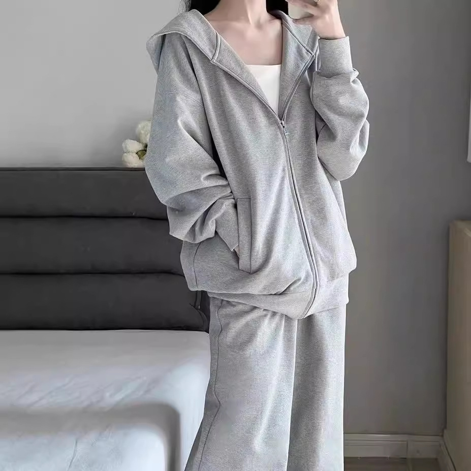 Autumn Casual Sports Suit for Women 2023 New Lazy Style Loose Hooded Gray Sweatshirt Wide Leg Pants Two-Piece Set