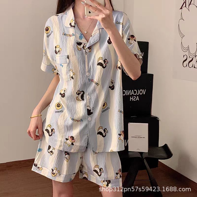 云朵棉短袖睡衣女夏季简约桃心印花夏天可外穿家居服套装跨境批发|undefined