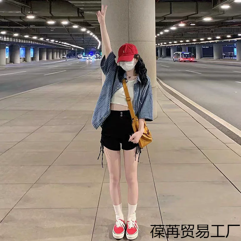 Ретро летний тонкий_denim набор, 2025 год, стиль Шанель, 3 предмета, с коротким рукавом, высокая талия