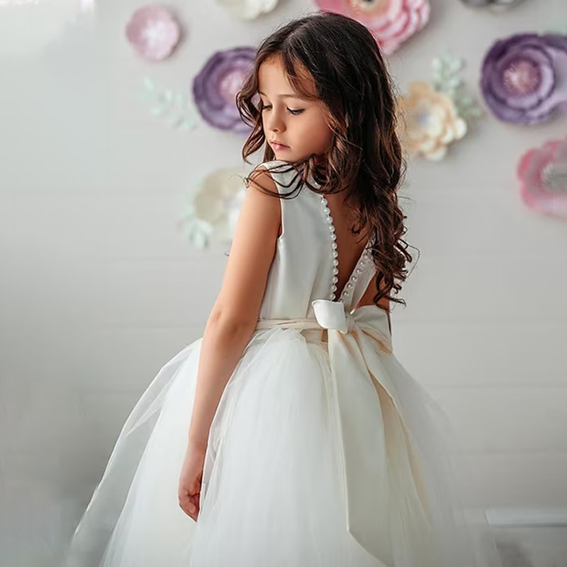 Nuevo vestido de boda transfronterizo de los niños europeos y americanos sin mangas sin espalda con cuentas de rendimiento de cumpleaños mullido vestido largo