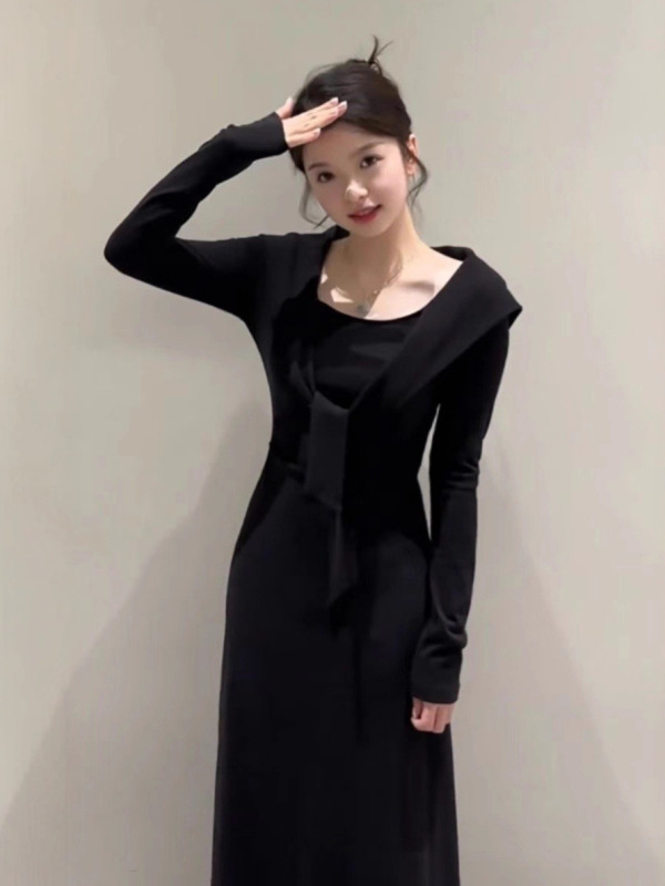 韩系穿搭系带披肩长袖连衣裙子女装秋季巨好看收腰显瘦包臀裙长裙|undefined
