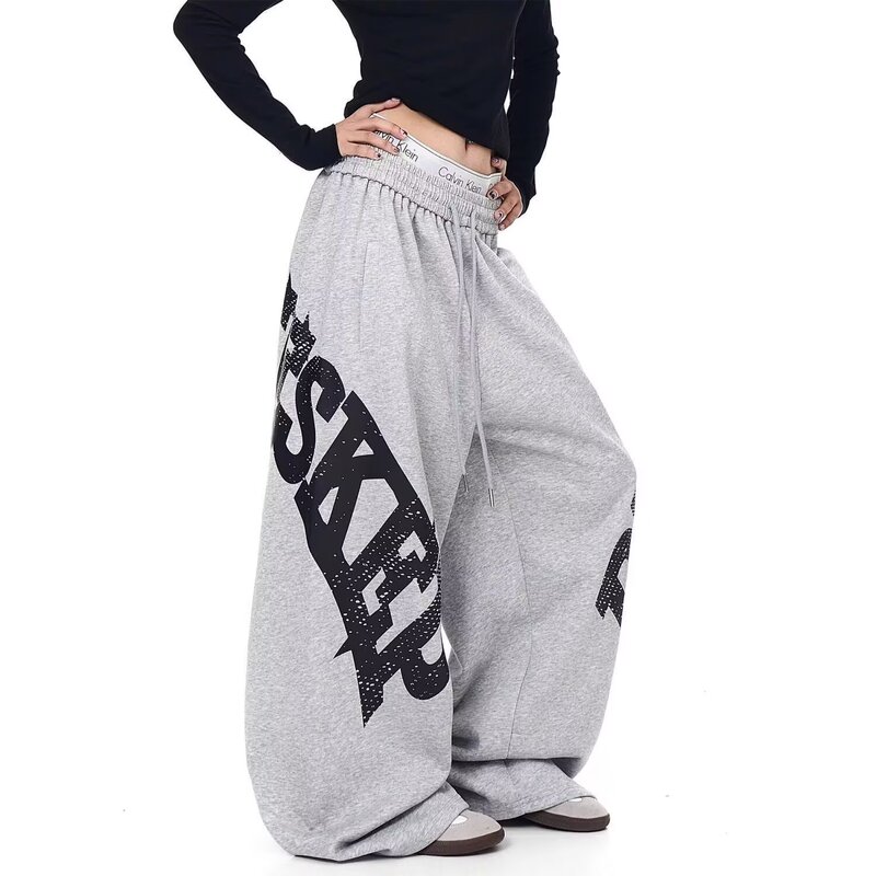 American High Street Style Large Letter Print Elastic Waist Sweatpants Unisex Loose Casual Pants Jazz Dance Versatile Wide-Leg Long Pants