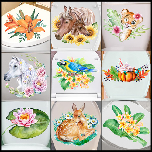 Horse Lotus Tiger Bathroom Toilet Decal JS-N Cross-border Toilet Cover Decor Sticker Self-adhesive Wall Sticker Wholesale
