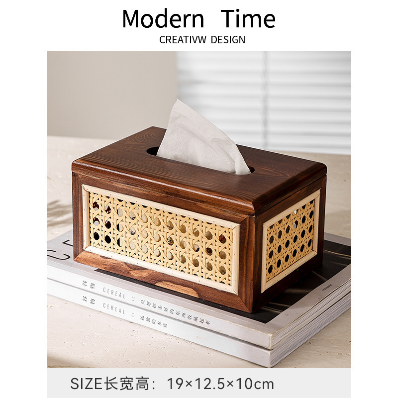 日式实木纸巾盒复古高级感手工编织藤编抽纸盒家用客厅餐厅轻奢风|undefined