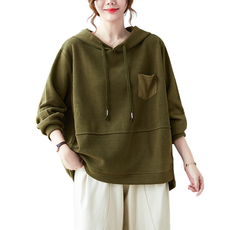 여자 트렌디 한 운동복 봄 가을 새 한국식 느슨한 올매치 플러스 사이즈 여자 단색 긴팔 후드 자켓