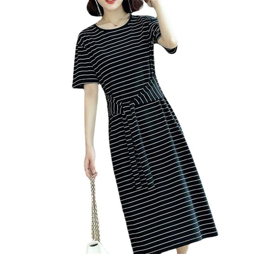 Summer 2025 New Elegant Striped Dress for Women, Medium Long Length, Strap Over-the-Knee, Ins Fashionable and Slimming T-shirt Skirt