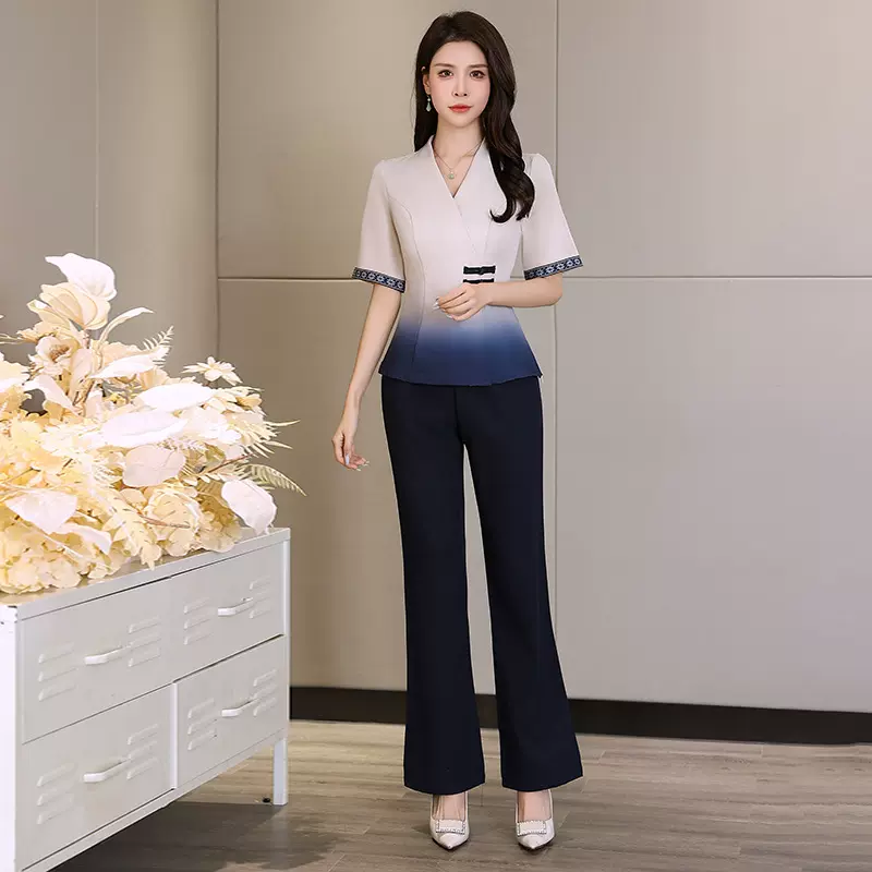 新品足浴养生馆足疗技师服工作服渐变印花采耳师工装中袖套裤731