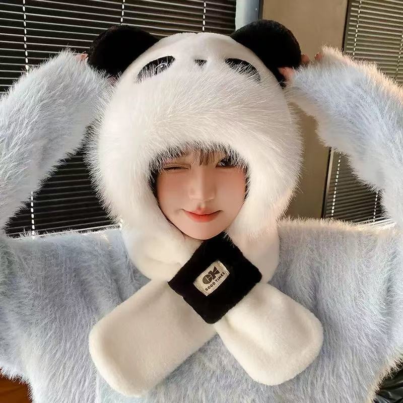 可爱卡通熊猫帽子围巾手套一体女秋冬毛绒保暖加绒加厚帽子三件套|undefined