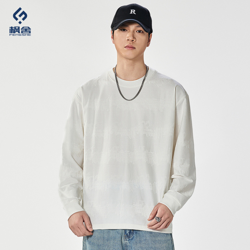 Maple House Men's Clothing / Textured Solid Color Long-Sleeve T-Shirt, Japanese Retro Round Neck, Versatile Basic Undershirt, Casual