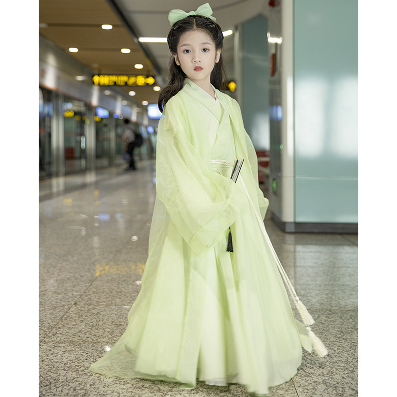 Hanfu girls' Wei-Jin style Qingpingdia large-sleeved green fairy-like Chinese-style children's ancient costume cross-collar waist-length ruqun