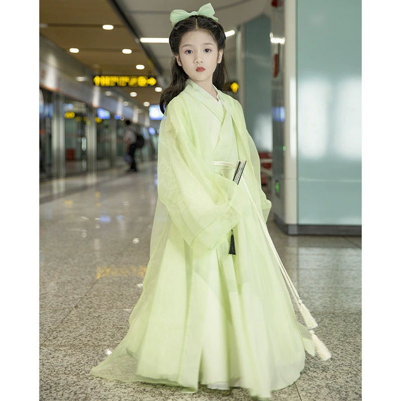 Hanfu Girl's Wei-Jin Qing Ping Tune рубашка с большим рукавом зеленая супер сказочная детская старинная одежда в китайском стиле с воротником юбка до талии