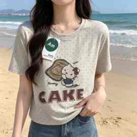 竹节棉短袖T恤女2026夏季新款大码宽松显瘦遮肚撞色印花上衣KITI