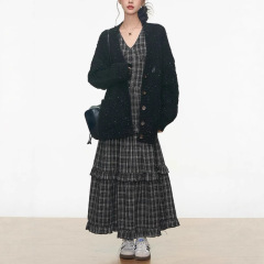 7.20新品 WESTAYON 宽松彩点毛衣开衫外套女灰色慵懒风+连衣长裙