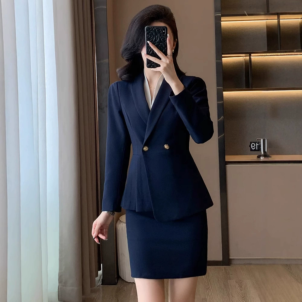 Синий длинный рукав маленький пиджак женская рубашка брюки юбка из четырех частей