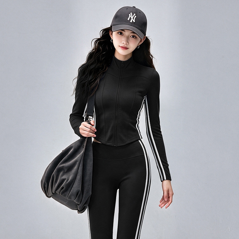 Retro double white stripe sports yoga set for women, short stand-up collar zip-up top and high-elastic flared pants two-piece set