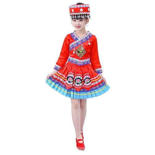New minority ethnic clothing for children, San Yue San Zhuang and Miao dance costumes for girls, Tujia and Yi performance costumes