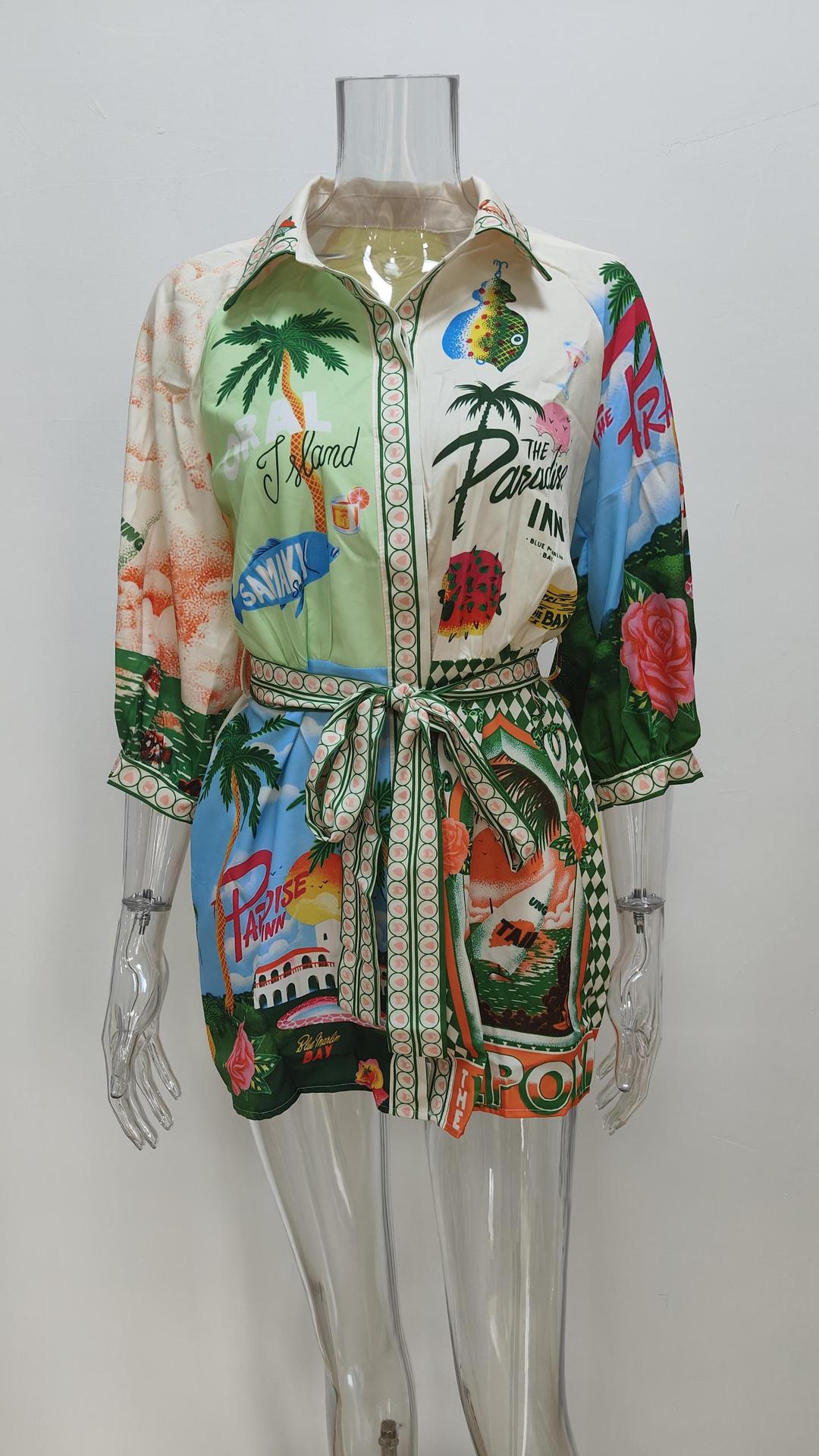 Women Clothing Casual Printing Shirt Cardigan 3/4 Sleeve Office Dress