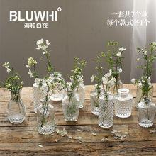 复古轻奢浮雕透明法式玻璃花瓶ins风家居摆件客厅袖珍插画小瓶