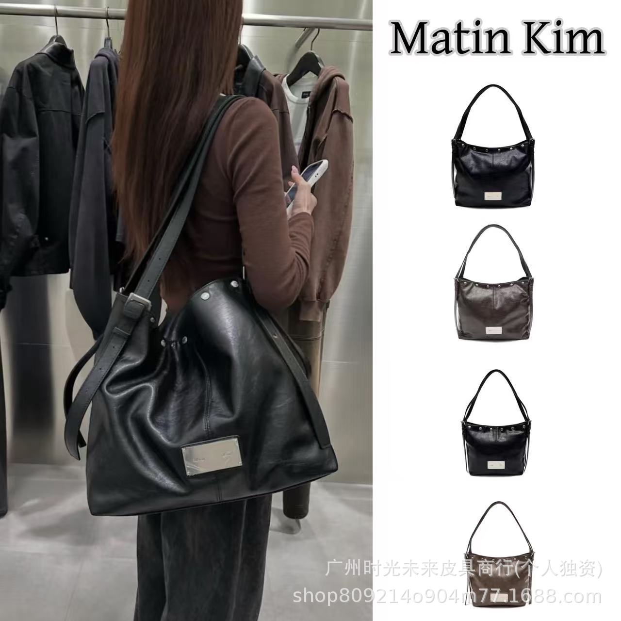 韩国小众Matinkim25秋冬新款韩系复古风金属铆钉双肩带单肩托特包