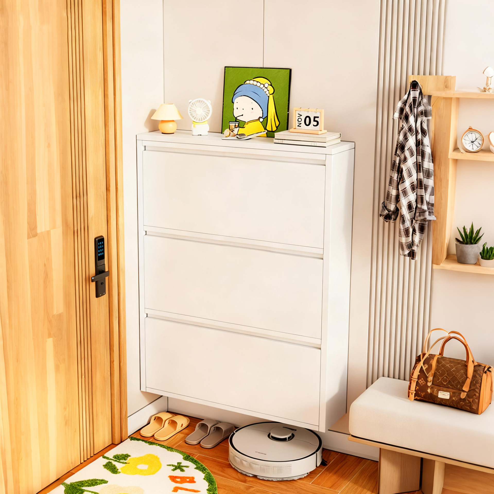 Ultra-Thin Steel Tipping Bucket Shoe Cabinet for Home Entrance Indoor Integrated Wall-Mounted Entrance Cabinet Large Capacity Iron Shoe Cabinet