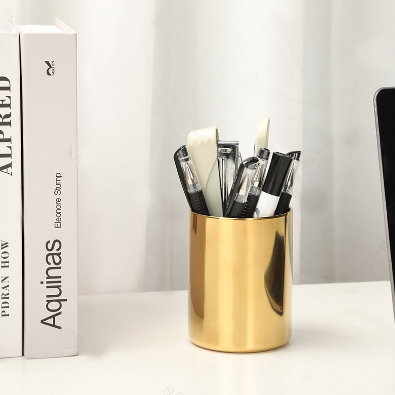 304 sostenedor de la pluma de acero inoxidable contenedor de almacenamiento de escritorio multifuncional Estilo nórdico arreglo floral jarrón de oro cubo de la pluma redonda