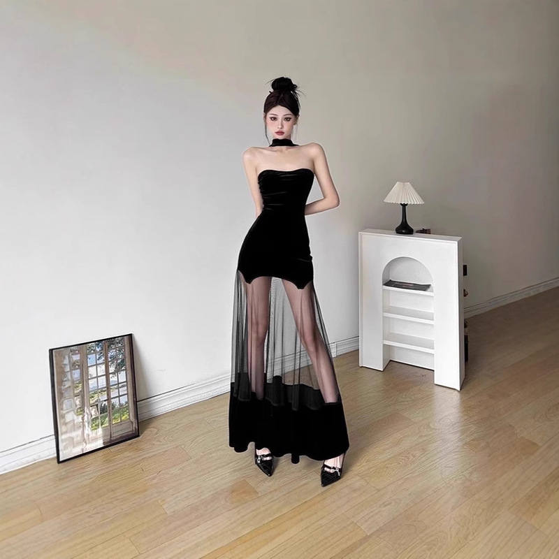 Long Skirt Sexy Mesh Design Pure Color Velvet Dress Female Pure Desire Birthday Party Dress Slimming Look Dress