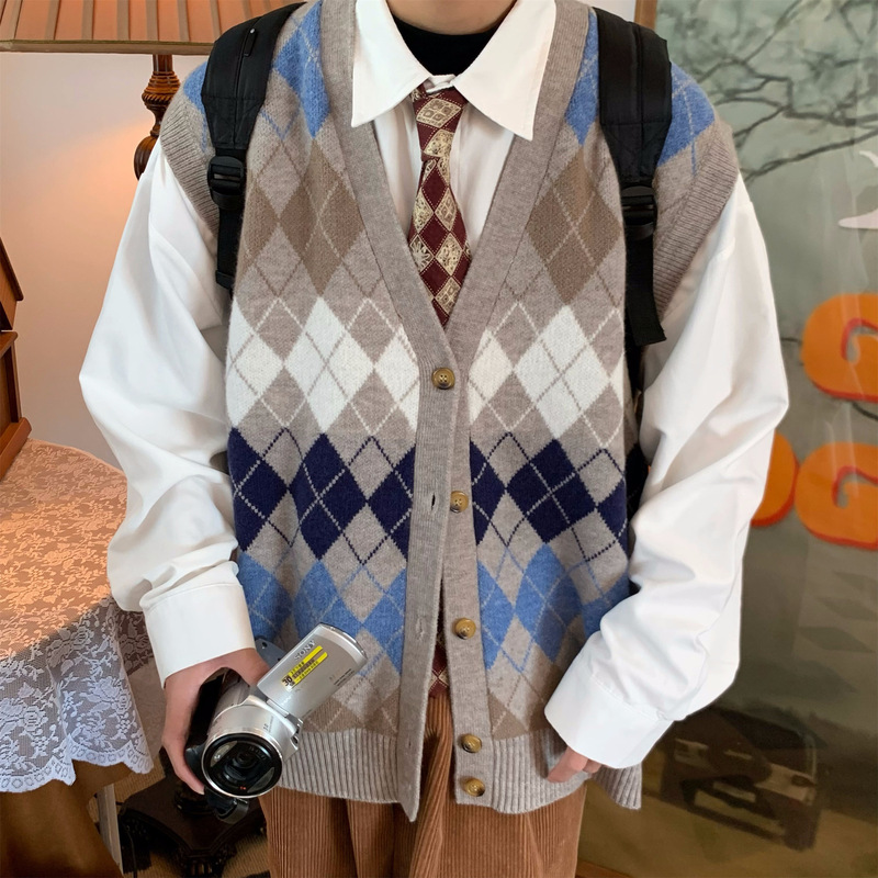 Retro Diamond Plaid Cardigan Vest Knitwear Autumn and Winter Style Preppy Style Couple Vest Knitwear Ins Jacket