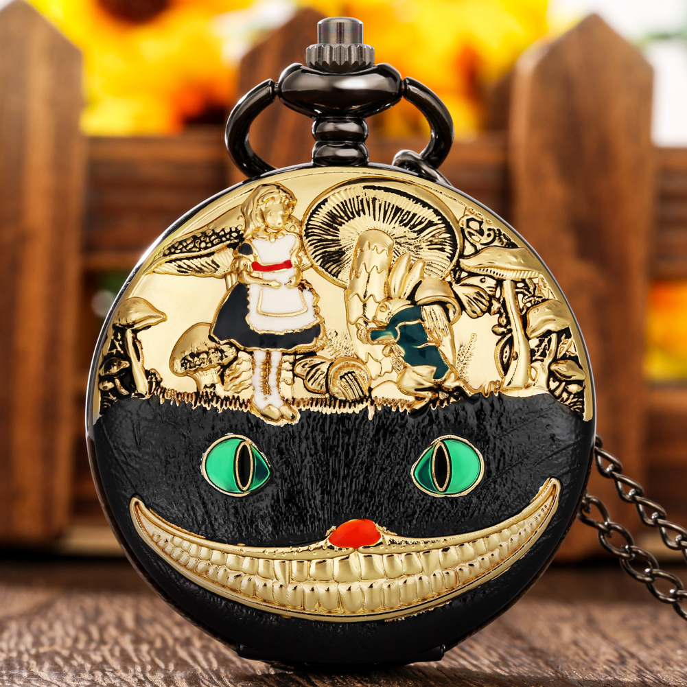 Hot Selling Vintage Glue Dropping Large Pocket Watch Alice in Wonderland Eagle Servant Girl Hug Rabbit Girl Multiple Literals