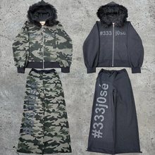 欧美朋克迷彩毛毛帽子拉链卫衣卫裤套装长袖套头连帽衫复古外套