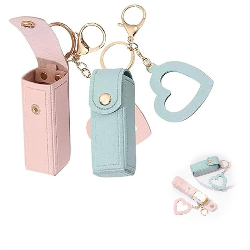 Cross-border lipstick case with heart-shaped mirror, portable single lipstick pouch that can be hung on a bag.