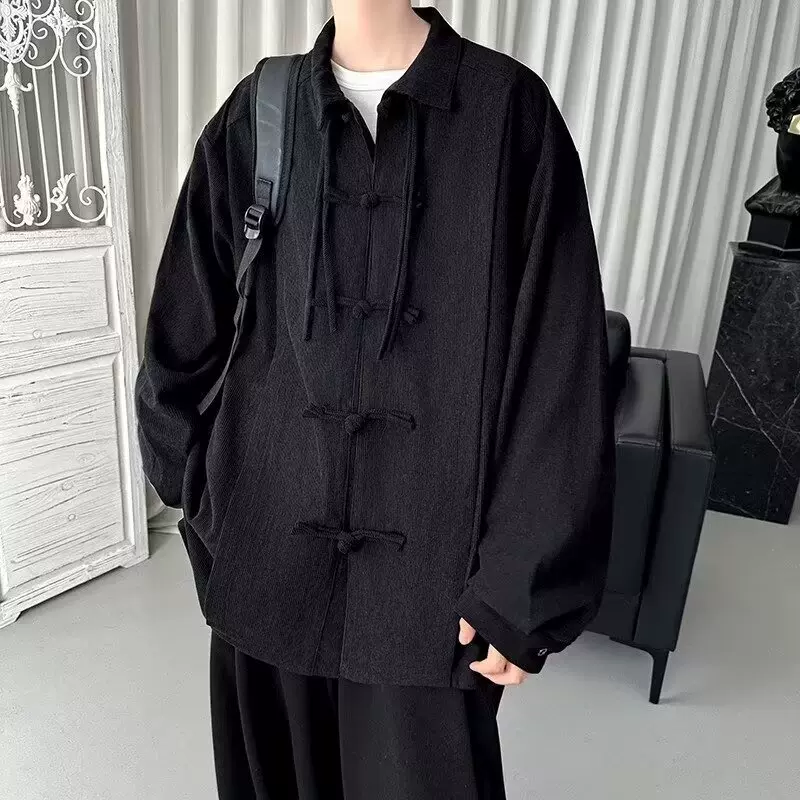 新中式盘扣衬衫外套男士秋冬季潮牌潮流休闲帅气中国风高级感衬衣