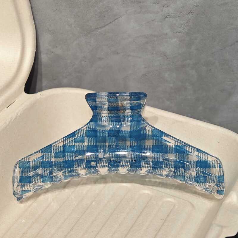 中古感蓝黑色系~百搭格纹亚克力抓夹女发抓后脑勺盘发夹子鲨鱼夹|undefined