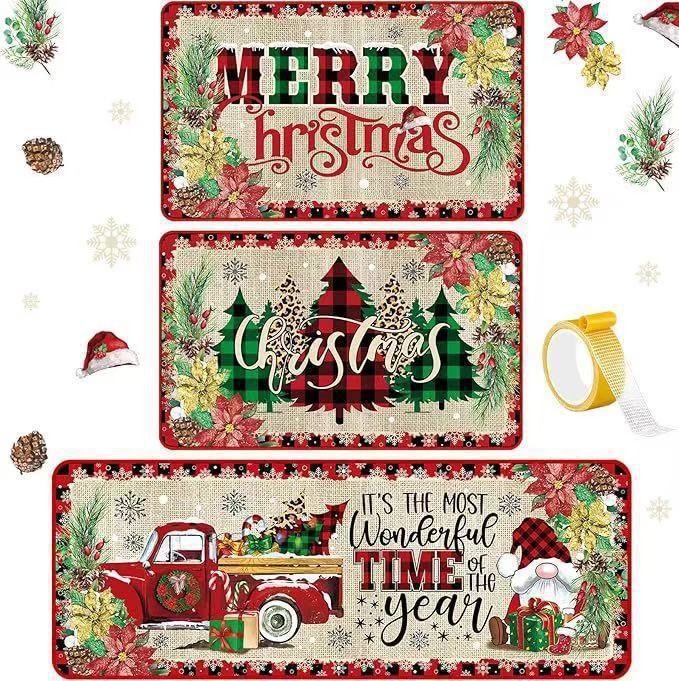Cross-border Christmas kitchen floor mat three-piece set, corridor dirt-resistant and wear-resistant foot mat, home use long strip dustproof decorative floor mat