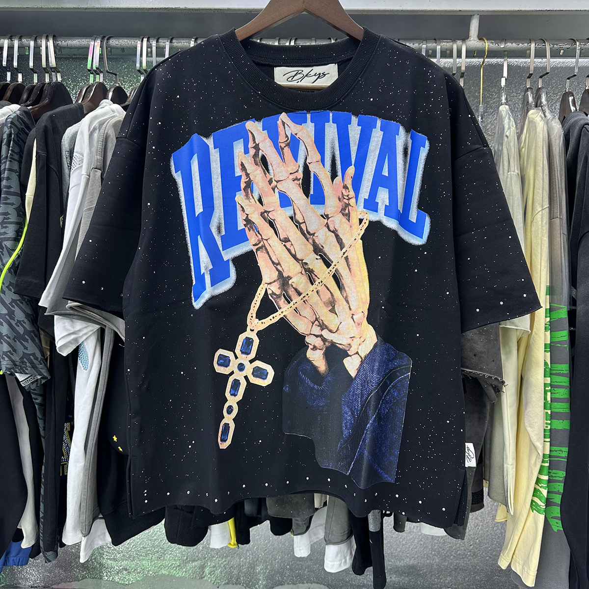 Transfronterizo nueva venta en caliente BKS camiseta de manga corta extraña esqueleto retro lavado de agua caliente perforación en caliente para hombres y mujeres de moda en stock lotes