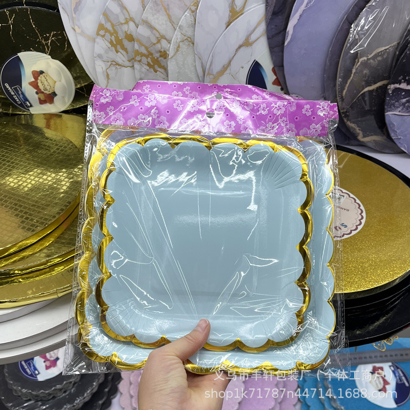 Transfronterizo estampado ondas desechable bandeja cuadrada macarón bandeja de papel bandeja de fiesta de cumpleaños para niños platos de pastel bandeja de frutas