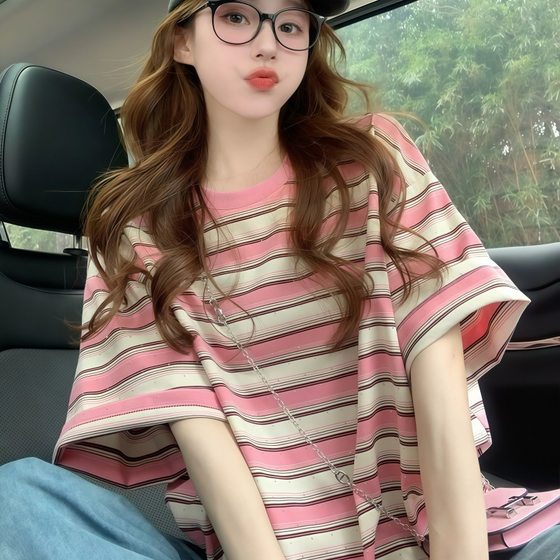 Dopamine Pink Striped Short-sleeved T-shirt Women's New Summer Design Sense Niche oversize Loose Top