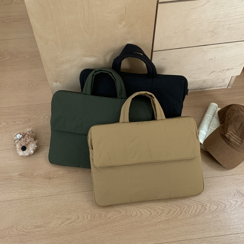 Cotton-Lined Laptop Bag, Versatile Travel Briefcase, Women's Tablet Protective Bag, Solid Color Hand-Held Tote Bag