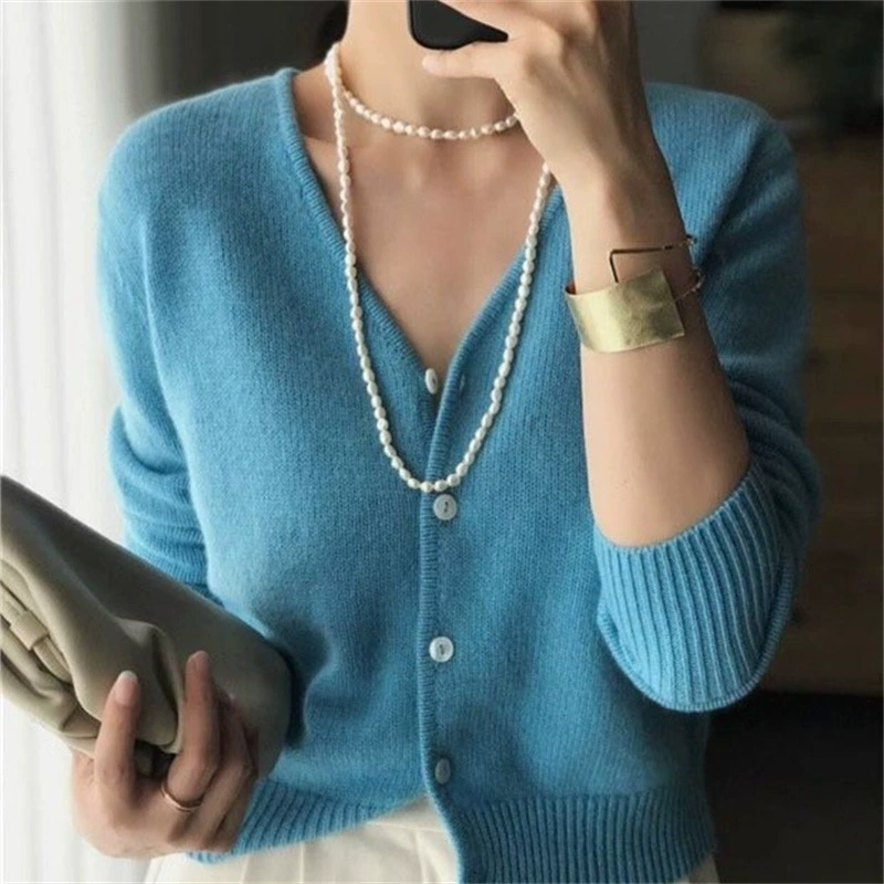 Европейские товары осень-зима 100 шерстяной кардиган с V-образным вырезом, женский свободный короткий вязаный свитер с высокой талией, Внешний Топ