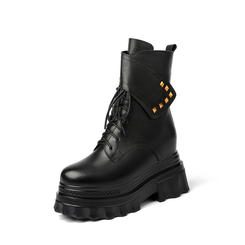 Boot Martin đinh tán cổ cao đế dày độn bên trong gót 10 cm — Màu đen lót nhung