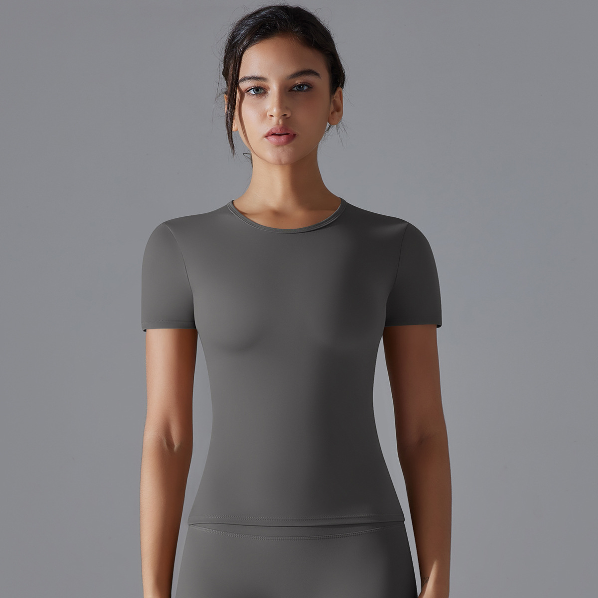 Nuevo color sólido de dos lados abrasivo alto elástico apretado ropa de yoga transpirable mangas cortas camiseta deportiva de ejercicio de yoga