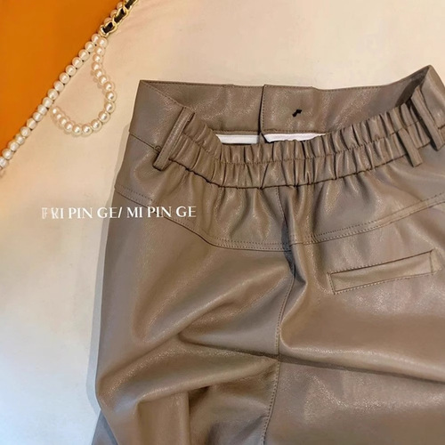 Women's 2025 High-Waisted Straight Brown PU Leather Pants, Small Figure 9/10 Length, Suitable for Spring and Autumn Outwear