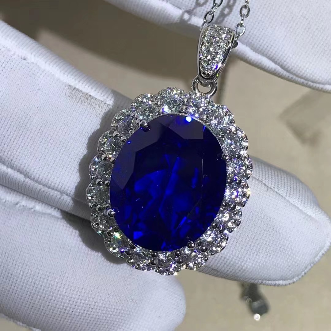 Collar de colgante azul real de corte oval S925 plata incrustado de 15 quilates joyas de zafiro